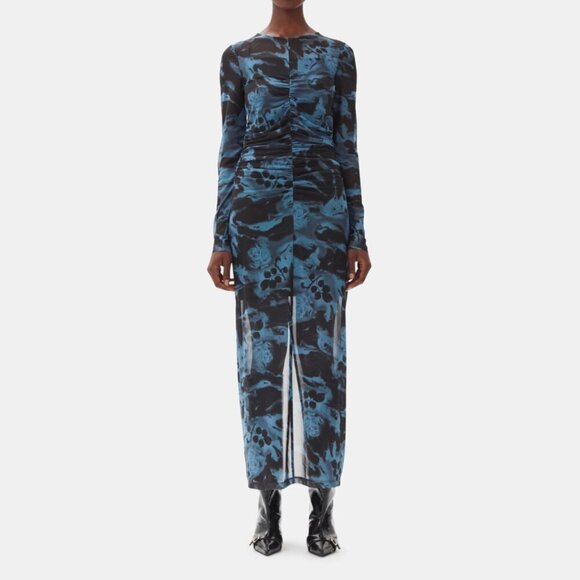 GANNI Blue Printed Mesh O-neck Ruched Long Dress Floral Size 36 - Picture 1 of 14